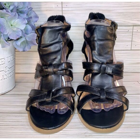 Attention Black Faux Leather Strappy Gladiator Platform Wedge Sandals S:9 - Picture 3 of 9